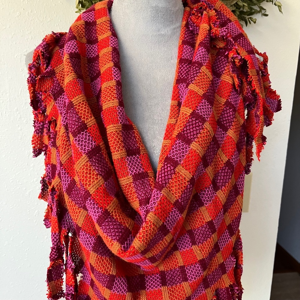 ❤️ Handmade Plaid Fringe Scarf Orange Purple Checkered Triangle Bandana Wrap - Picture 4 of 7